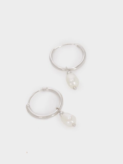 Parfois 925 Sterling Silver Small Hoop With Pearl Øreringe Dame Beige | DK-16JGZAHRY