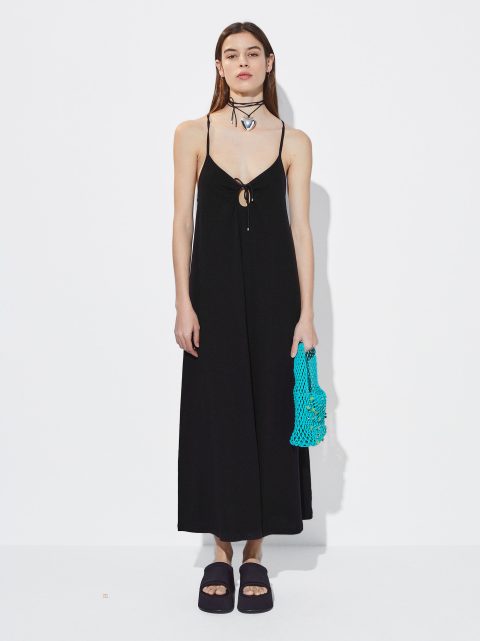 Parfois Bomulds Long Kjole Dame Sort | DK-94RWCXOPD
