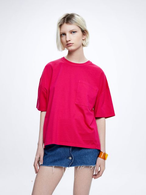 Parfois Bomulds With Pocket T Shirts Dame Fuchsia | DK-30ZLSRVEI