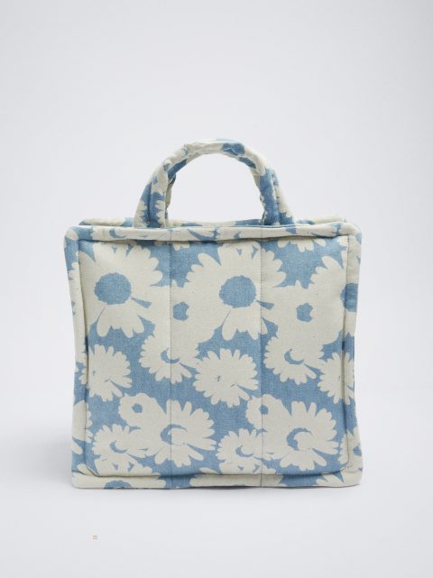 Parfois Floral Print Denim Tote Indkøbstasker Dame Blå | DK-25LNUGTAO