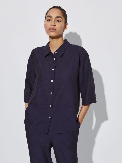 Parfois Jacquard Kort-Sleeved Skjorte Dame Mørkeblå | DK-78TCZQSMJ