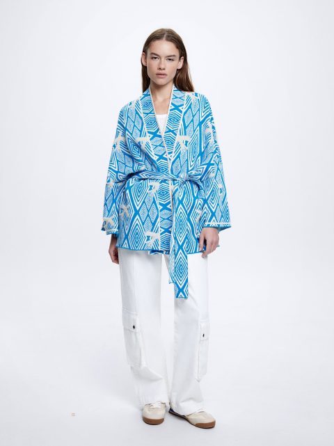 Parfois Jacquard With Belt Cardigan Dame Blå | DK-10TVIWAUL