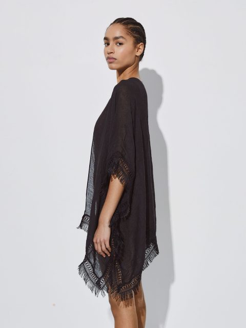 Parfois Kimono With Fringes Kimono Dame Sort | DK-87OJSFWPR