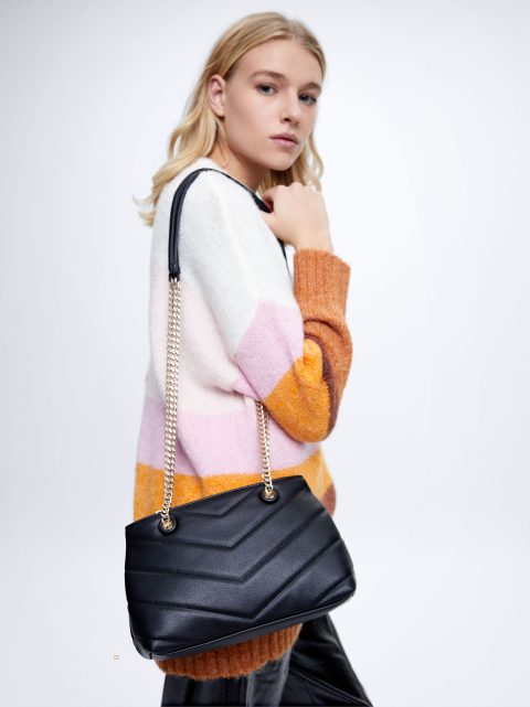Parfois Quiltet Crossbody With Chain Skuldertasker Dame Sort | DK-82VWBJEKX