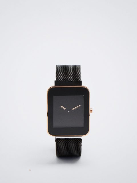Parfois Square Case Stainless Steel Rosaguld Ure Dame Sort | DK-03QTOWJCU