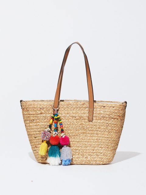 Parfois Straw Tote With Pendant Indkøbstasker Dame Beige | DK-91XOMQPLF