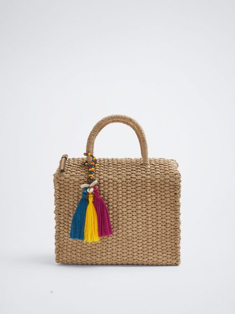 Parfois Straw With Detachable Pendant Crossbody Taske Dame Beige | DK-34KOIXHBS