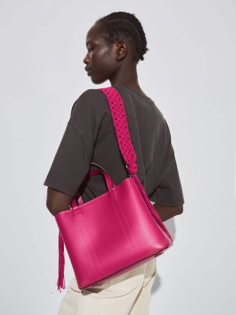 Parfois Tote Bag With Macramé Handle Muleposer Dame Fuchsia | DK-02CQOIJMH